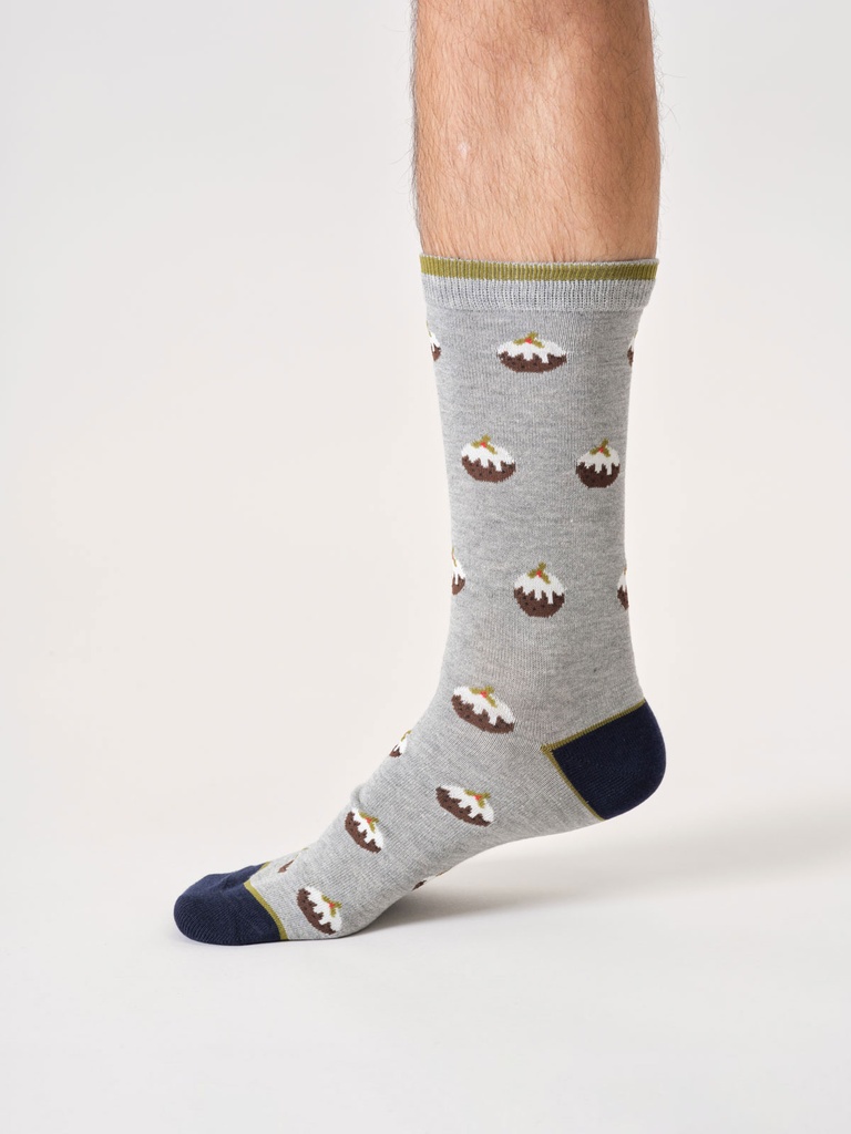 THOUGHT | Chaussettes - Mens Christmas Pudding Bamboo Cracker Gift Box Of Two - Grey Marl/Navy Blue