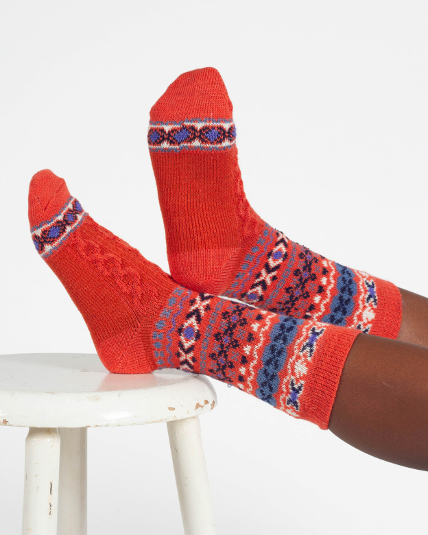 THOUGHT | chaussettes femme en laine cable fairisle - Burnt Orange