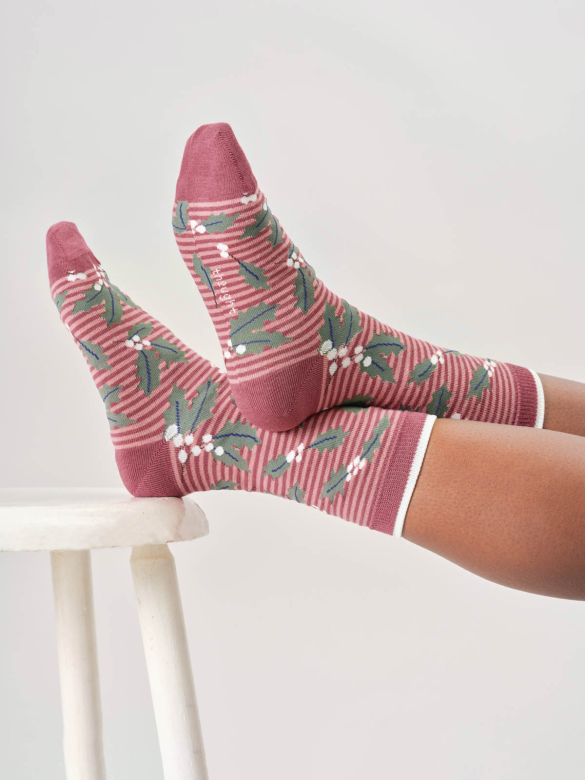 THOUGHT | Chaussettes femme Holly &amp; Berries Stripe - Deep Rose Pink