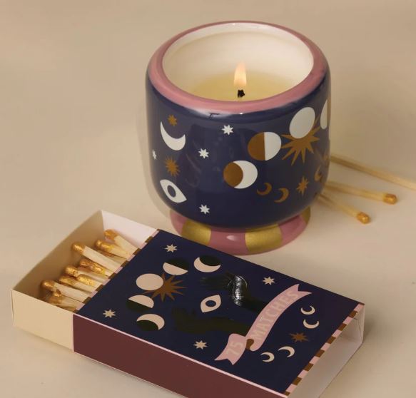[DES-AD0808EU] DESIGNWORKS COLLECTIVE | Adopo 8oz./226g Moon Phases Ceramic Candle - Jasmine &amp; Rose Boxed